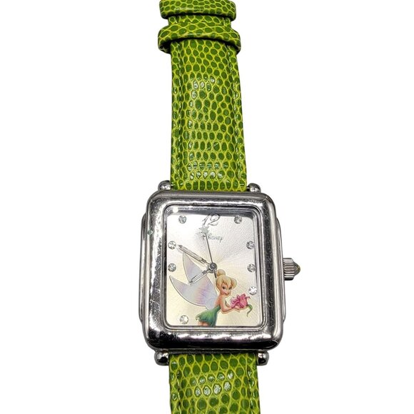 Disney Tinkerbell Accutime Watch TK1022 7" Green Faux Leather Band Silver Tone - Picture 14 of 15